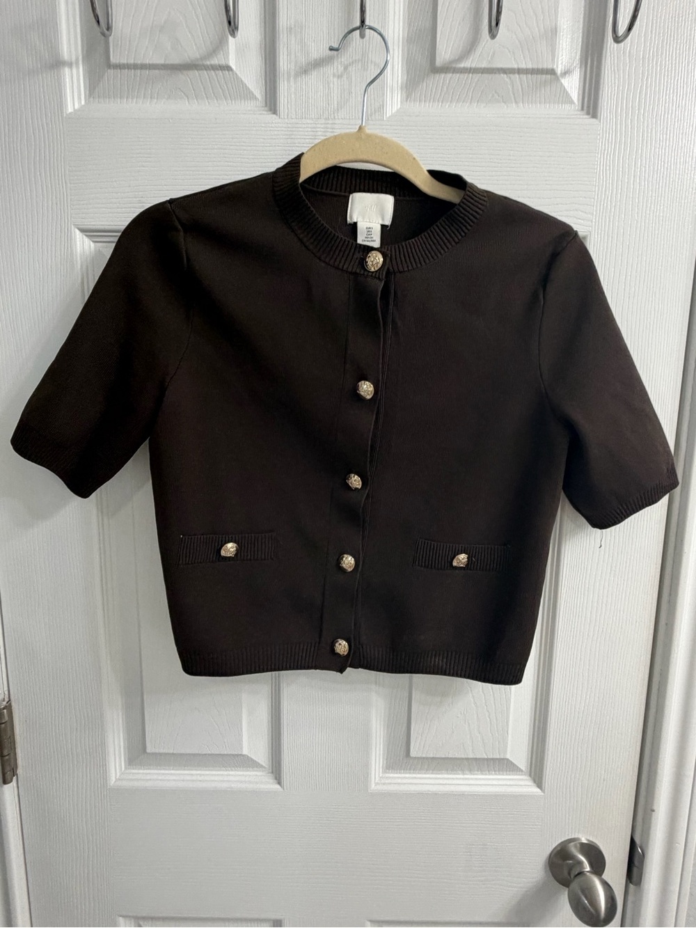 H&M Dark Brown Short Sleeve Knit Cardigan with Gold Button